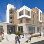 Rendering of mixed use building. People enjoying themselves on a stroll by the building.