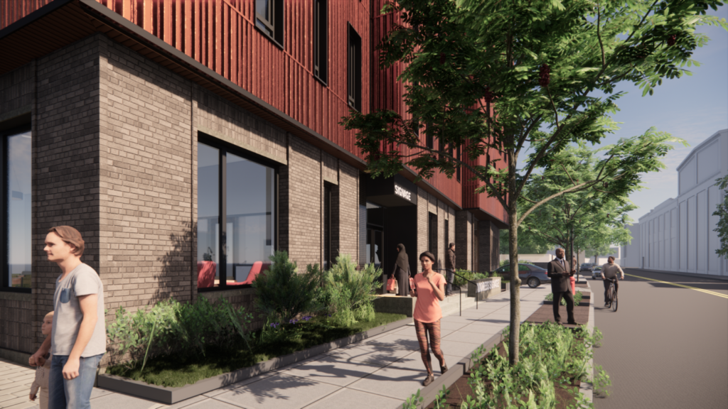 Sidewalk view of office. Rendering includes trees on sidewalk and bushes against building.