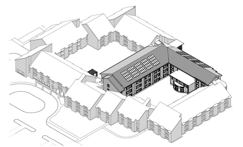 Computer drawing of apartment complex. Two courtyards both enclosed on all sides.