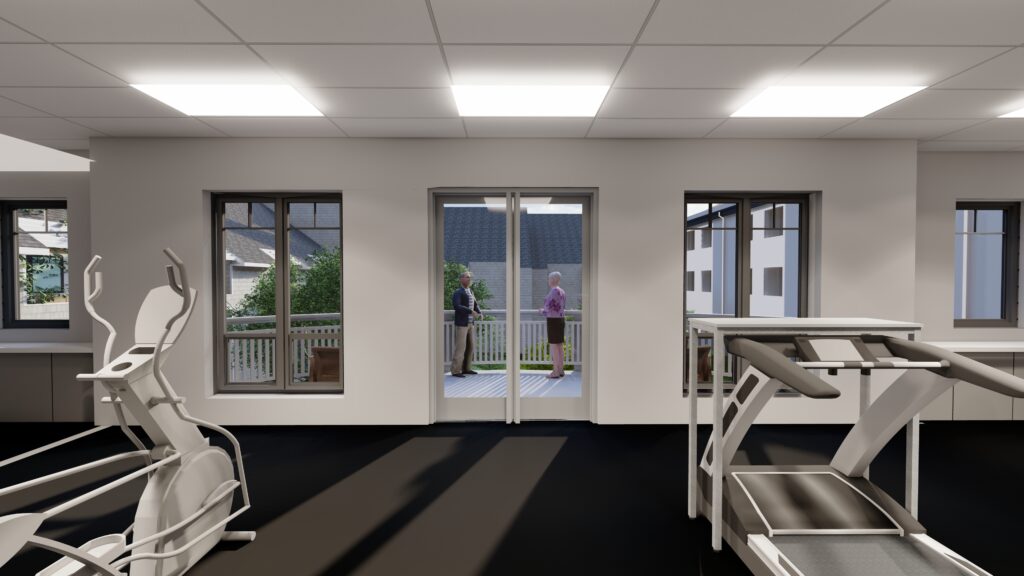 Rendered gym looking out to a balcony.