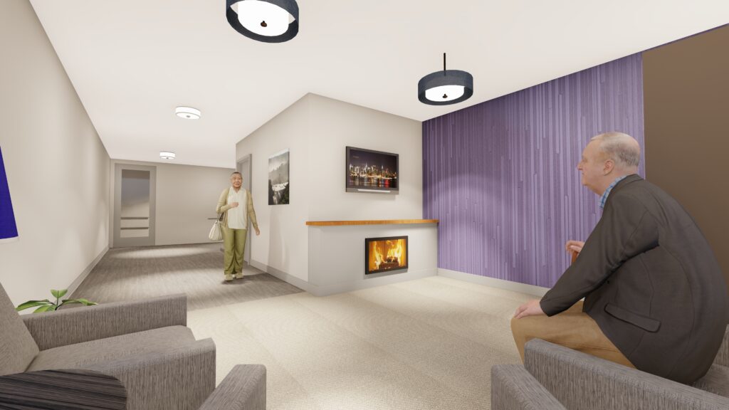 Rendered living room with purple wall and fireplace.