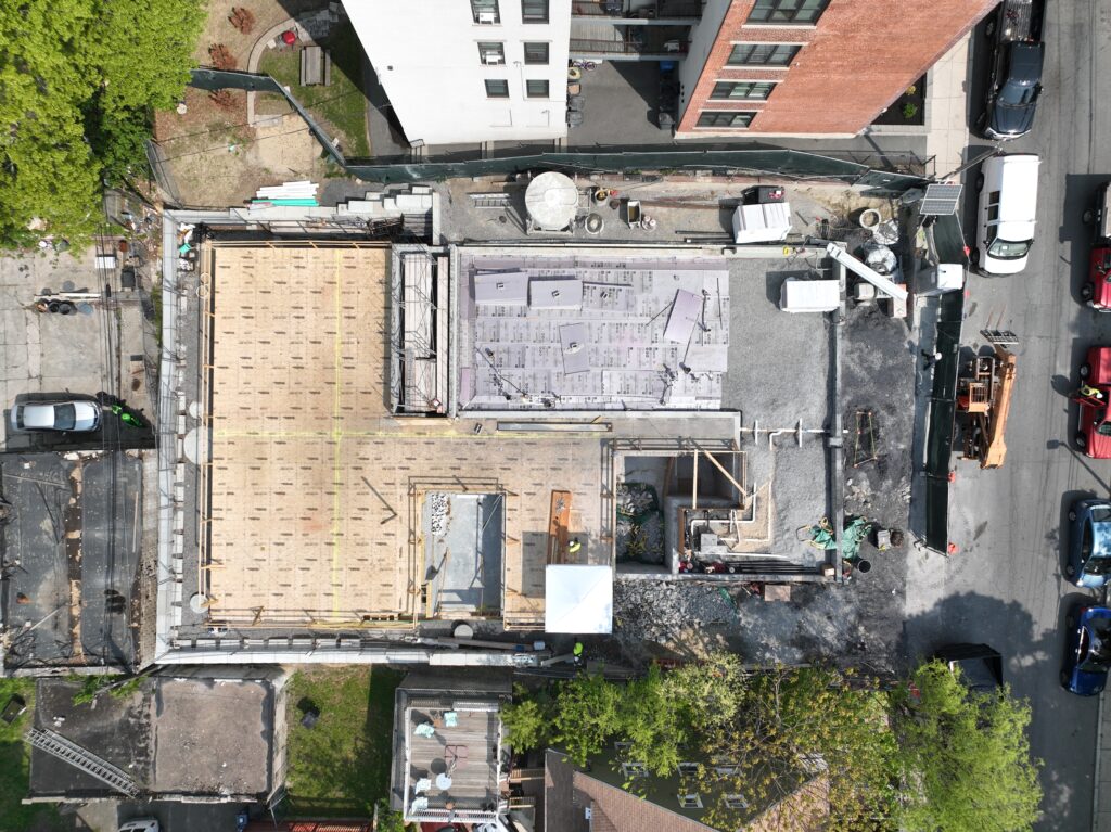 Aerial view of construction site.